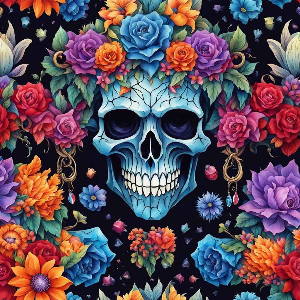 Crystal Gothic Skull with Colorful Flowers