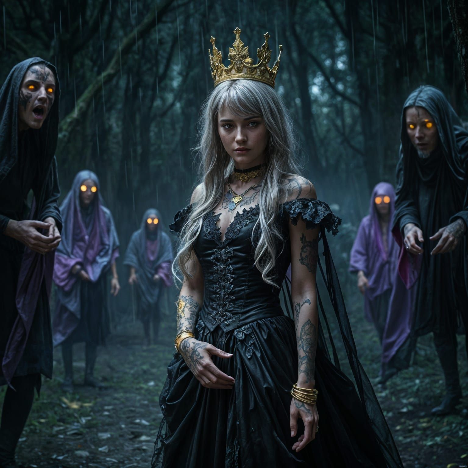 Mysterious Dark Fantasy Goddess in a Haunting Rainy Forest