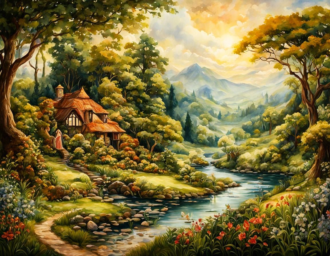 Romantic Fantasy Landscape in Pre-Raphaelite Style