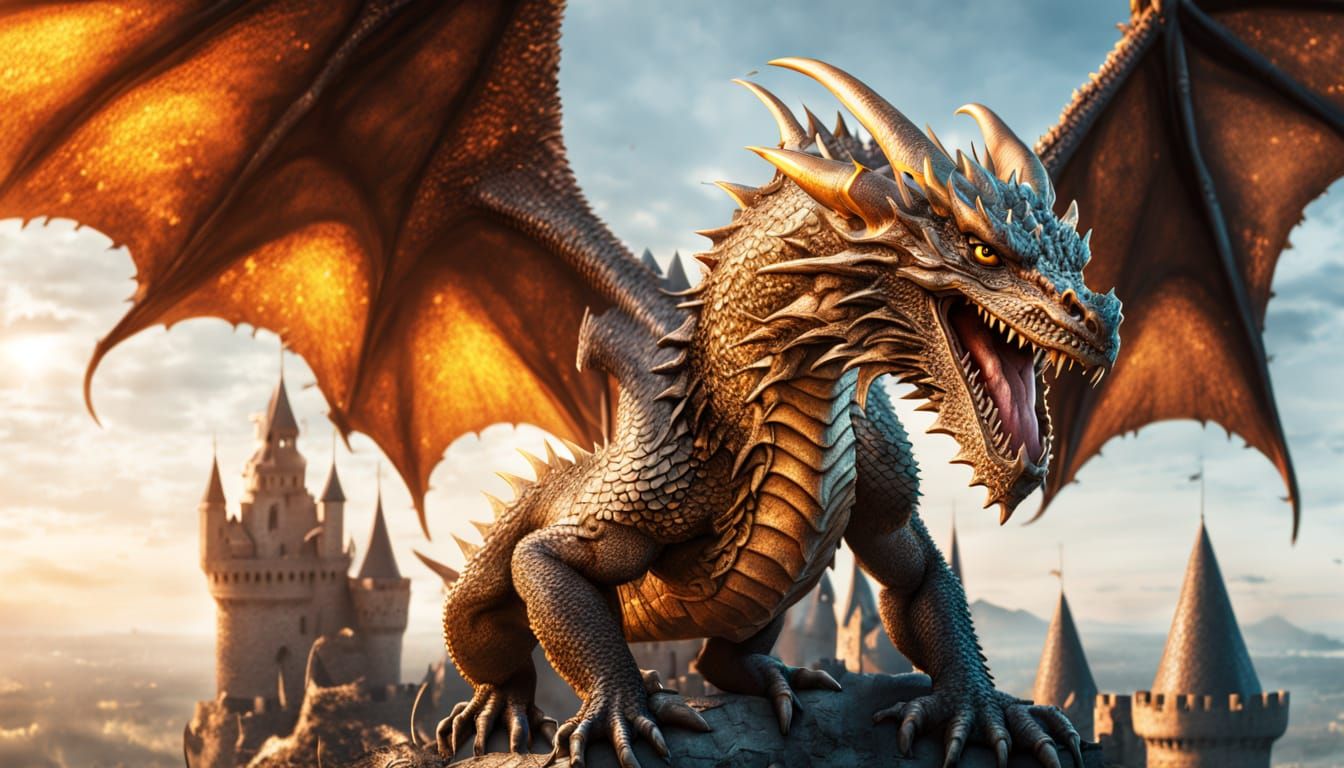 Dragon Crashing into Castle: Hyper-Realistic Fantasy Art