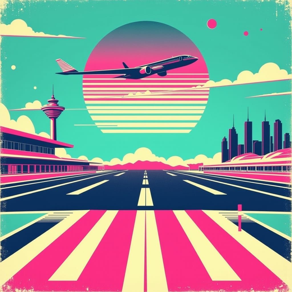 Retro Airport Runway Scene in Vibrant Pink and Teal Blue
