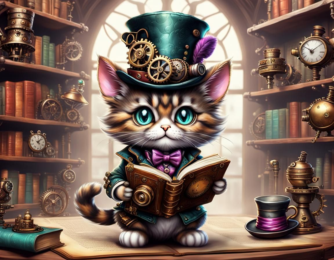 Steampunk Chibi Cat Enjoys Whimsical Library