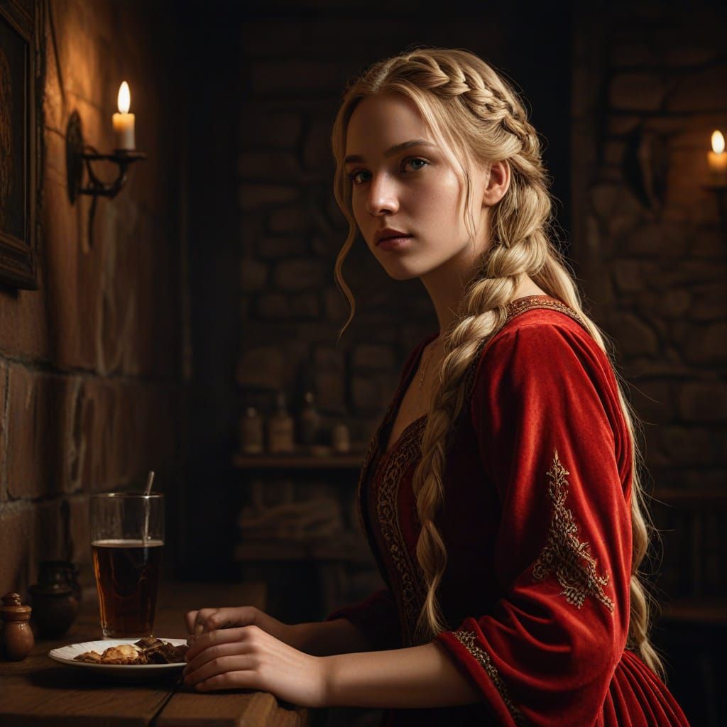 Medieval Woman in Red Gold Gown, Oil Painting Style