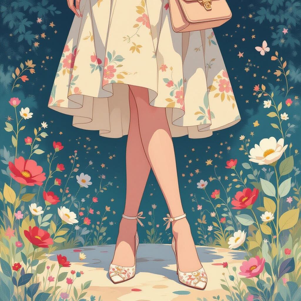 Woman in Whimsical Atmosphere with Elegant Shoes