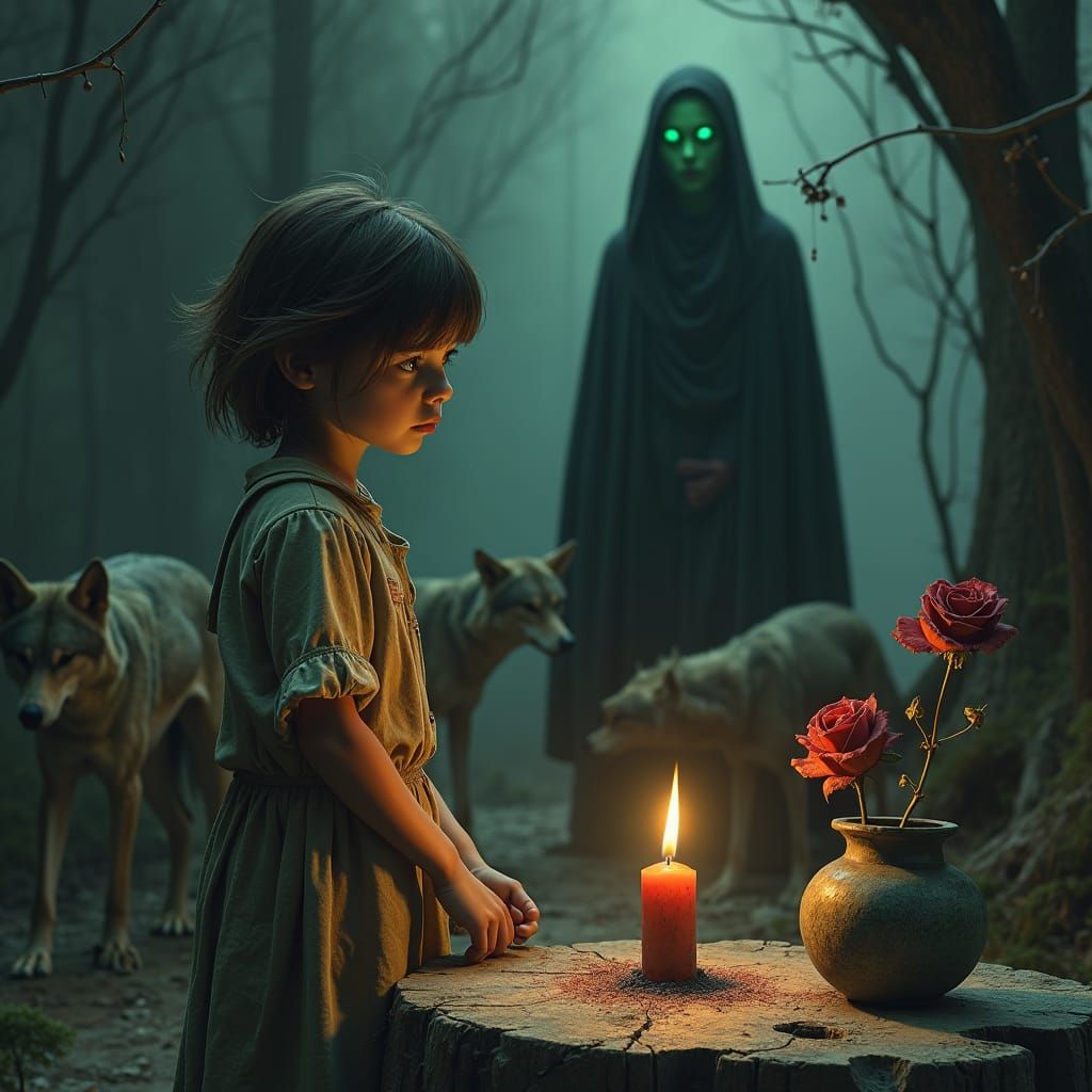 Mystical Girl Protected by Wolves in Dark Fantasy Style