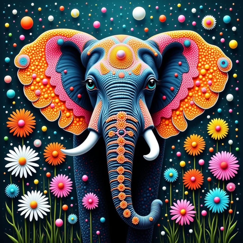 Majestic Elephant Head in Psychedelic Dotwork Style