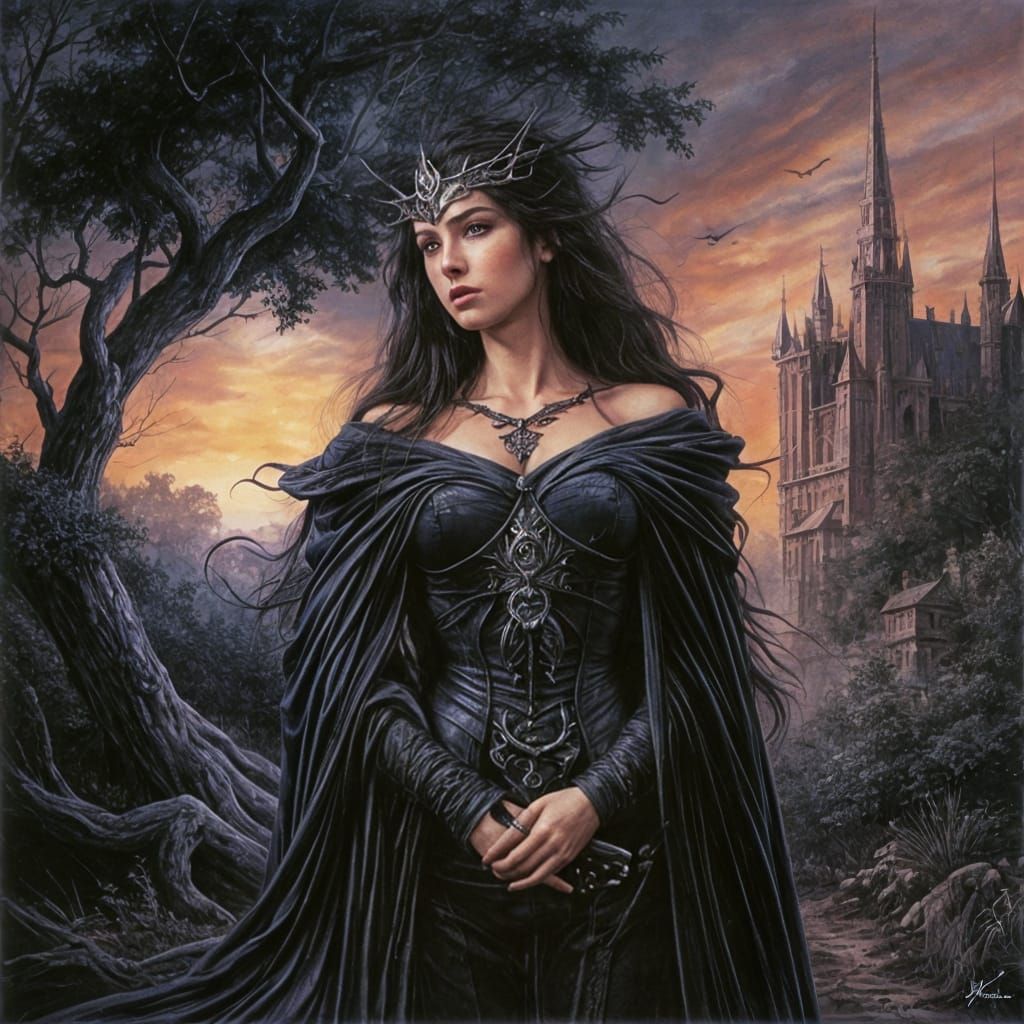 Sorceress in Dark Fantasy Forest, 80s Style Concept Art