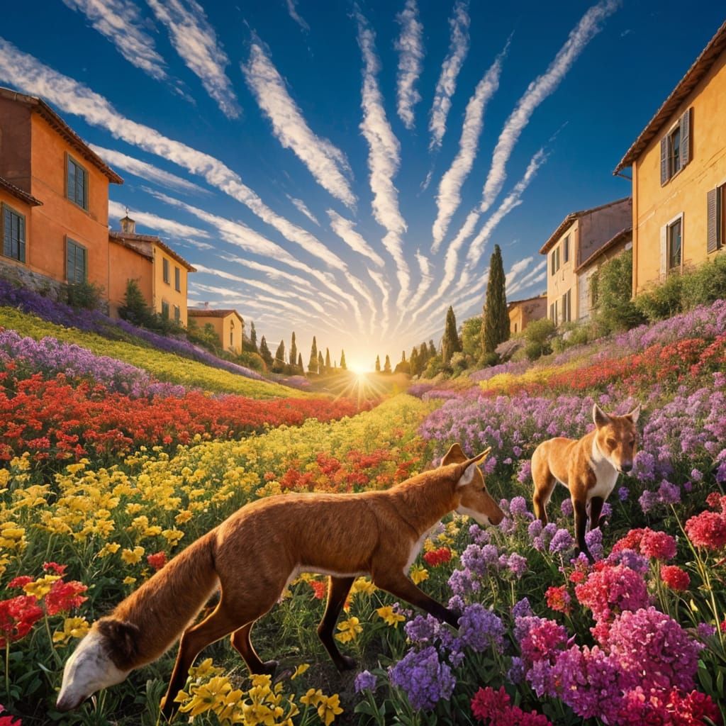 Vibrant Wildflower Field at Sunrise with Charming Italian Ho...