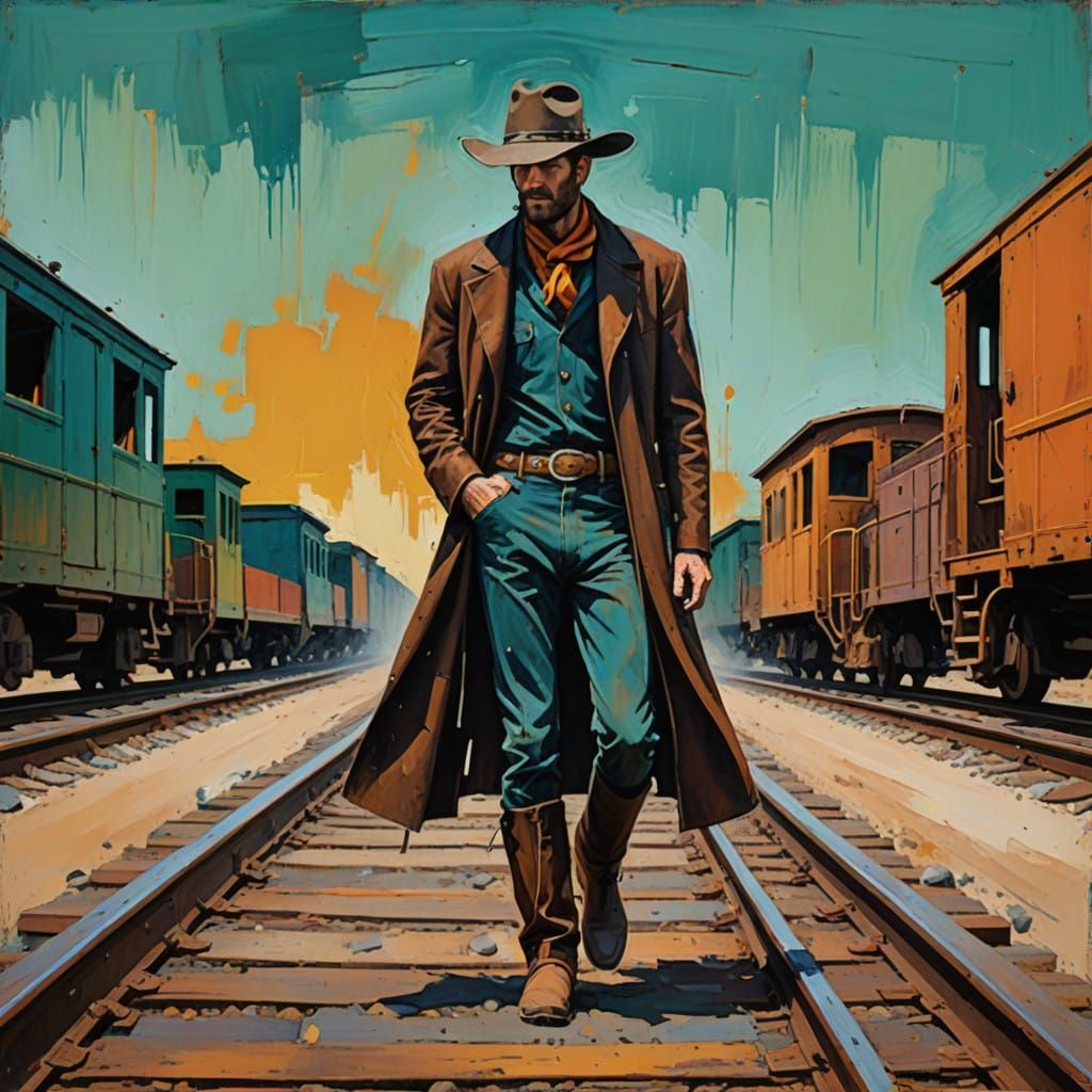 Cowboy Charges Train Rail in Vibrant Old West Landscape