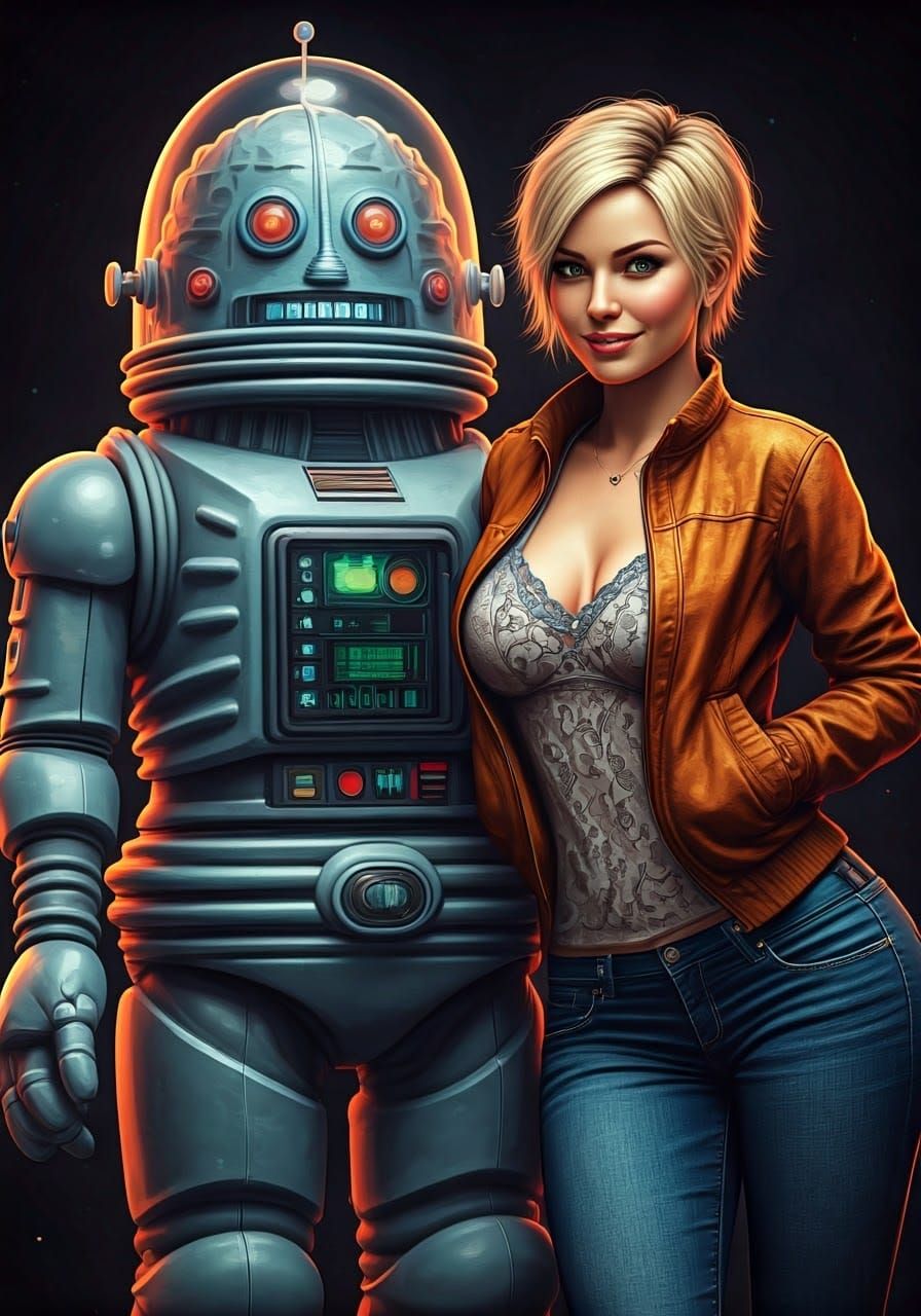 Woman with Robot Friend in Pointillist Style