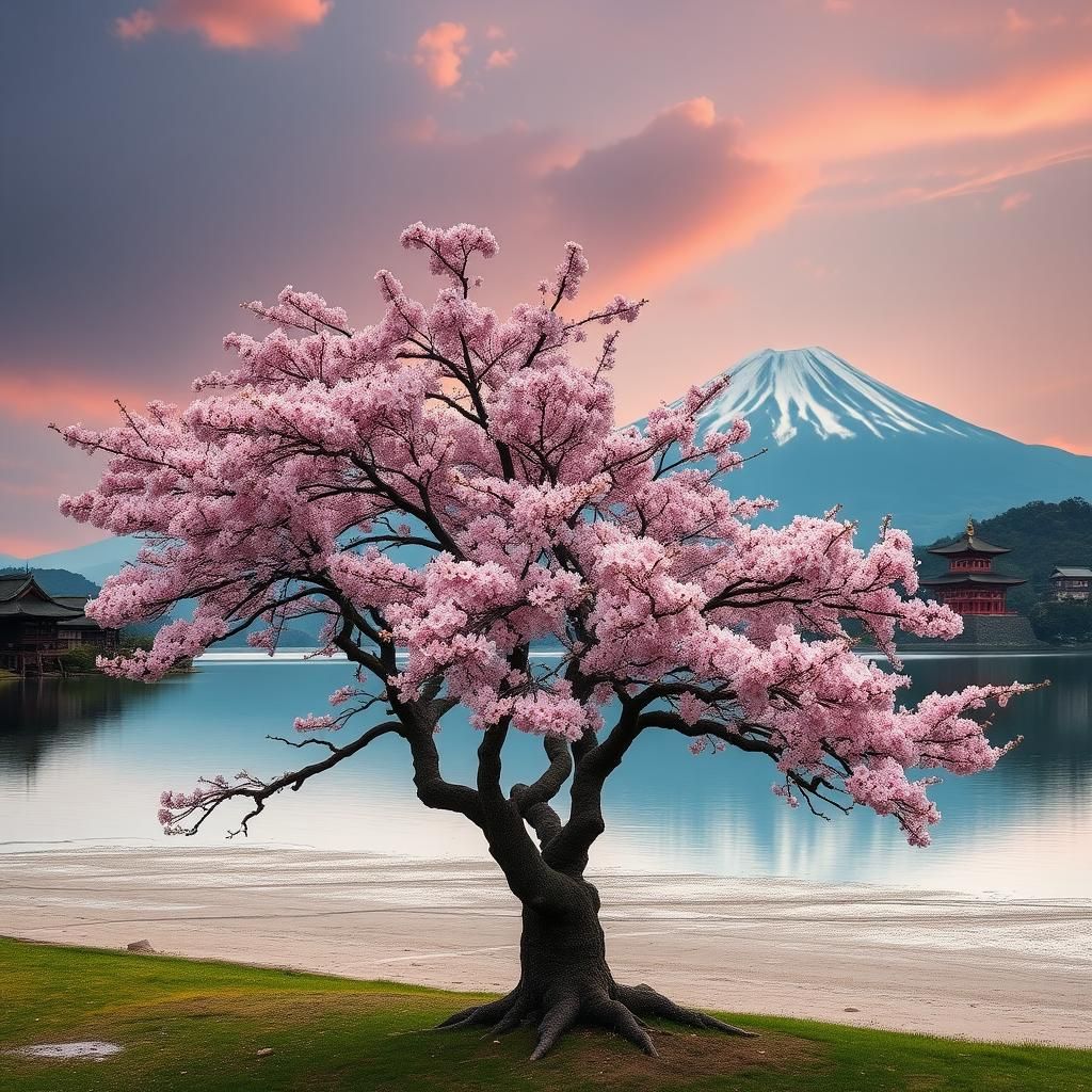 Sakura Tree with Volcanoes and Temples