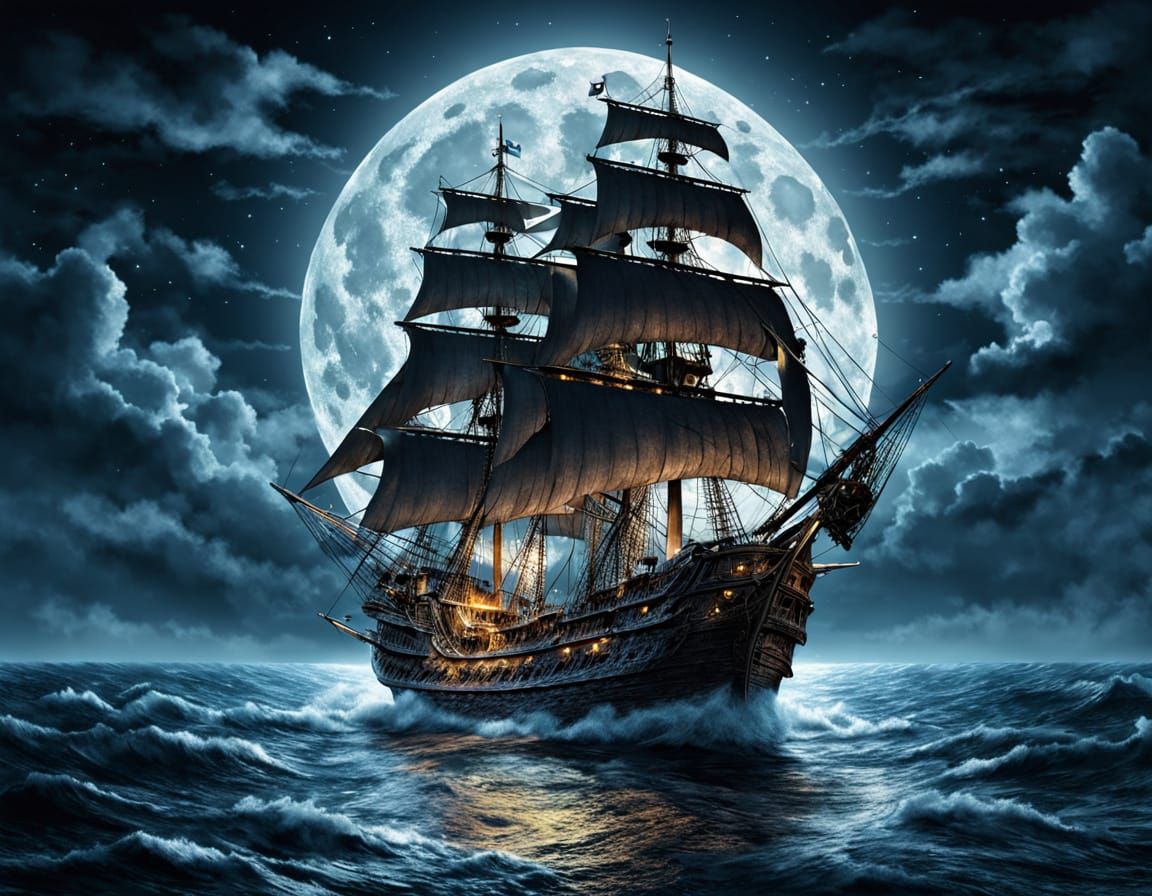 Pirate Ship Sailing a Moonlit Sea in Hyperrealism
