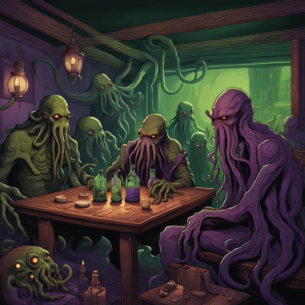 Cthulhu's Rooftop Party: A Dark Fantasy Illustration