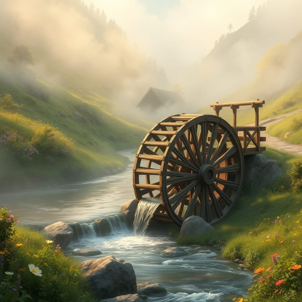 Majestic Wooden Waterwheel in Serene Misty Valley