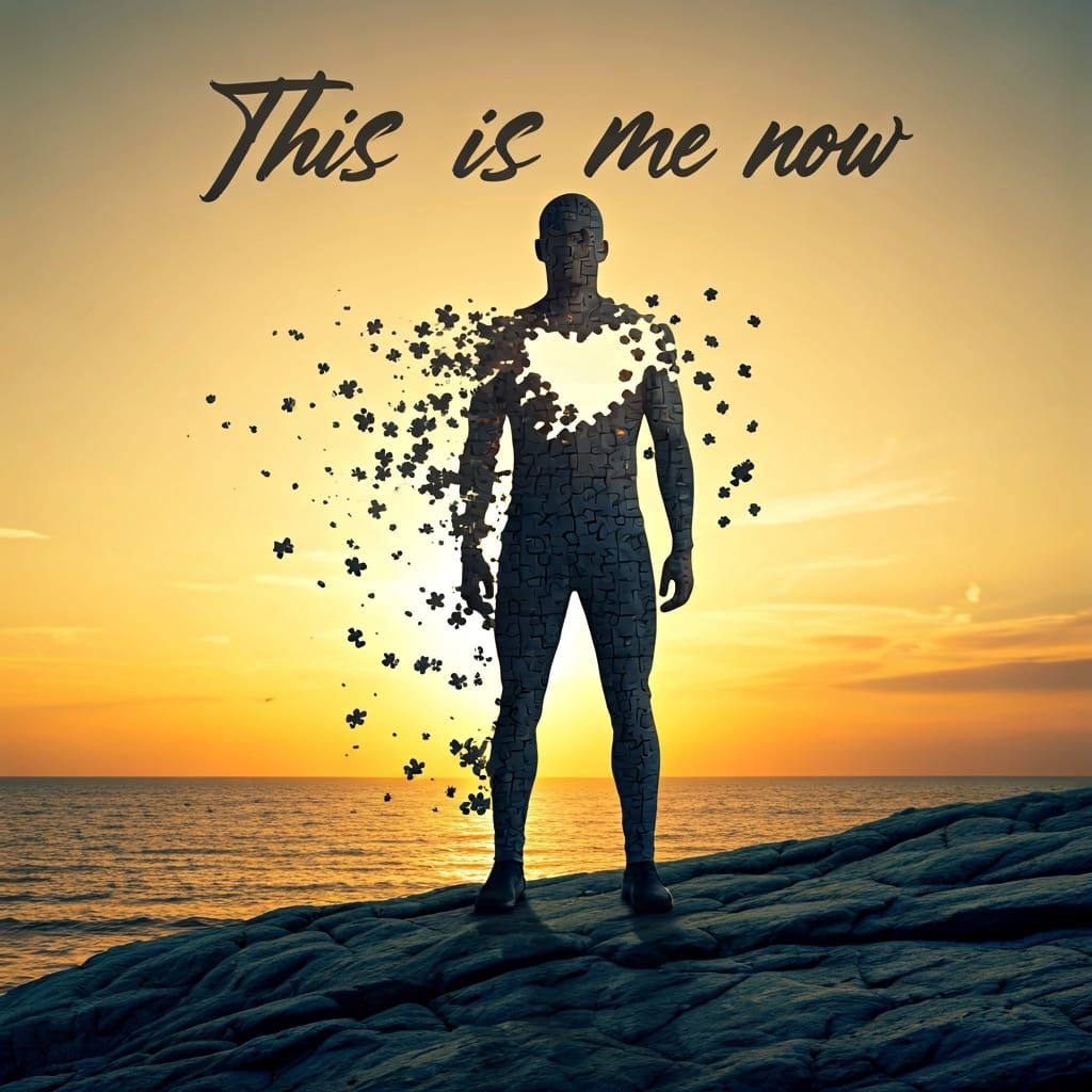 Fragmented Man on Cliff at Sunset