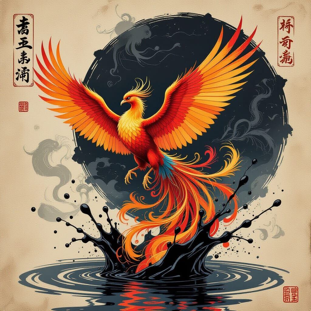 Majestic Phoenix in Sumi-e Ink and Calligraphy Style