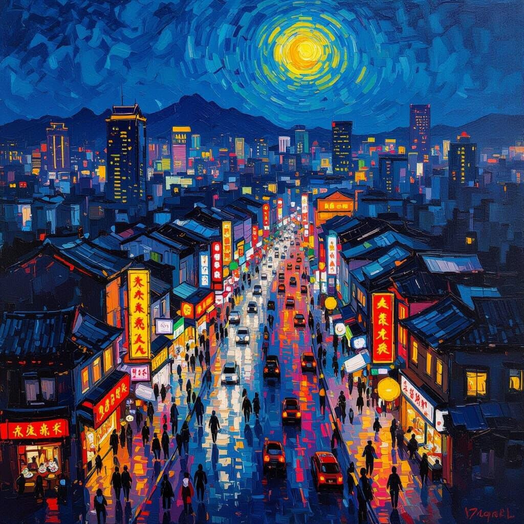 Chengdu Skyline at Night: Van Gogh Style Impasto Painting