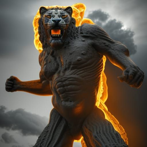 Fiery Lava Lion in Biopunk Style