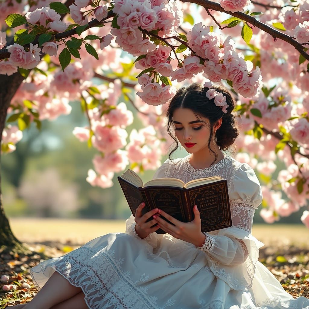 Victorian Woman Reading Under Cherry Blossom Tree
