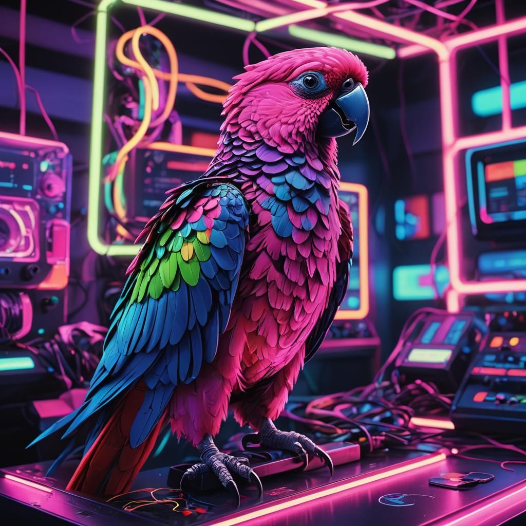 Synthwave Parrot on Neon Console in Retro Style