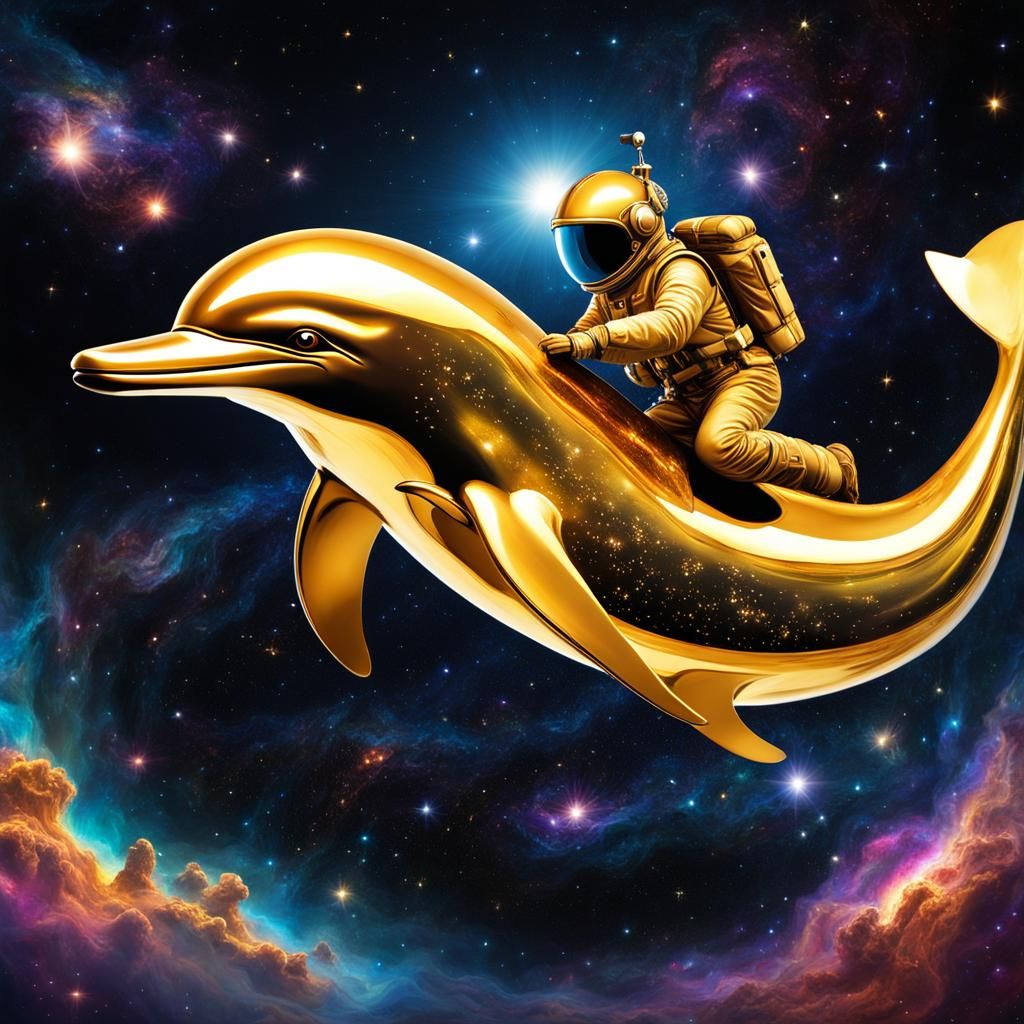 Golden Dolphin Rides Nebula with Astronauts