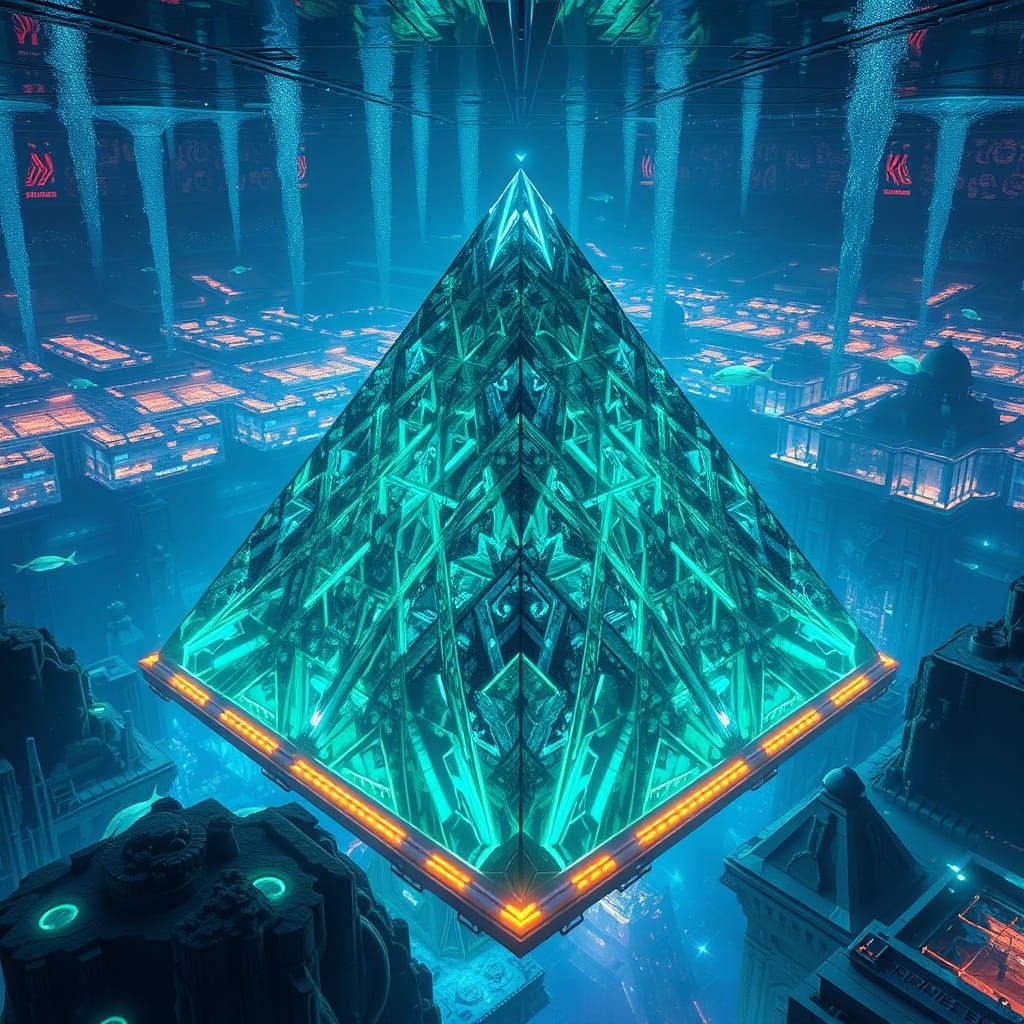 Crystal Pyramid Radiates Neon Light in Underwater City