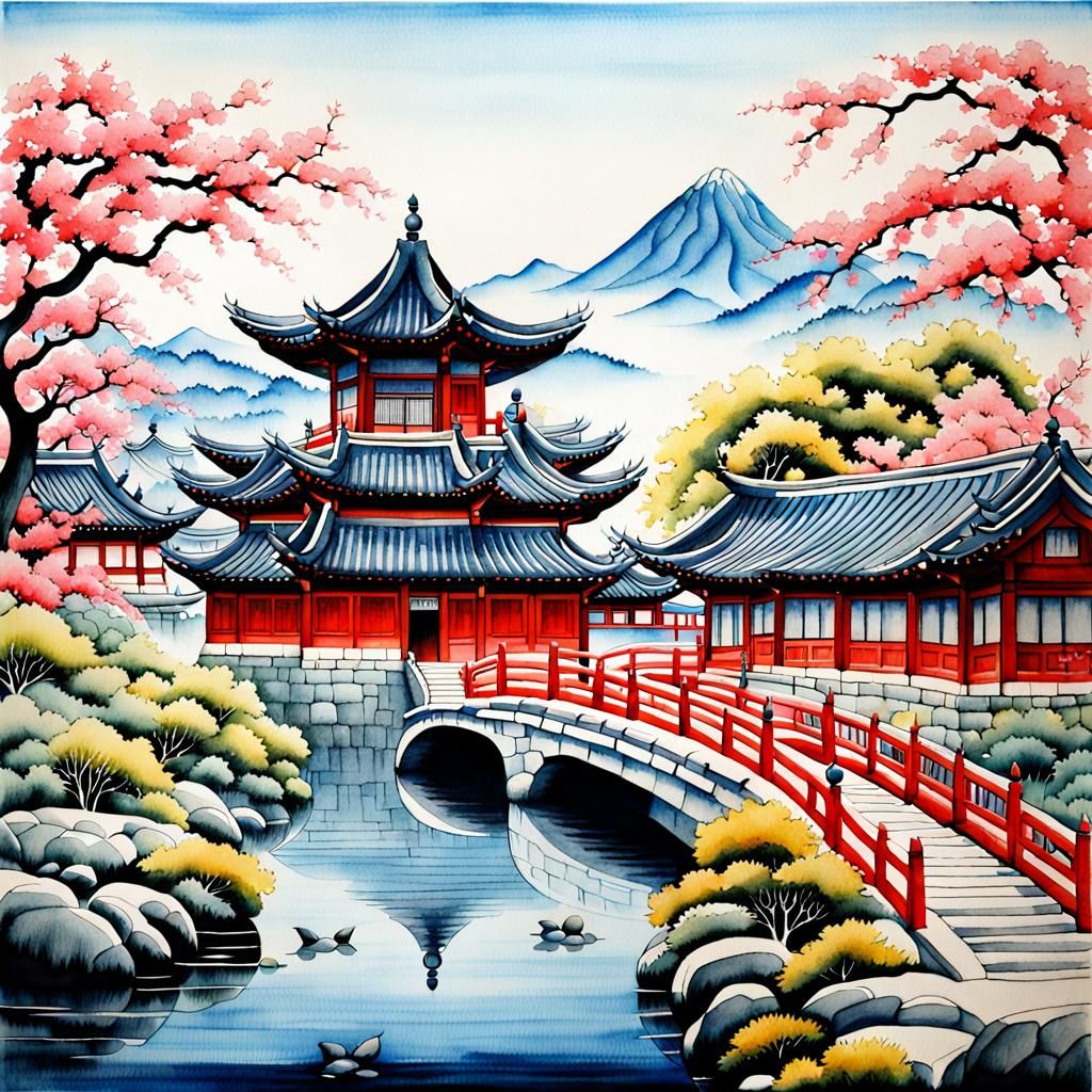 Utopian Cityscape in Korean Folk Art Style