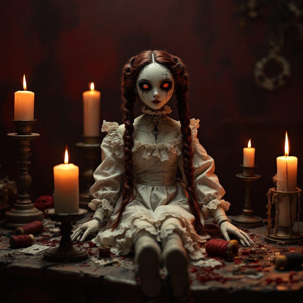 Gothic Voodoo Doll in a Crimson-Lit Chamber