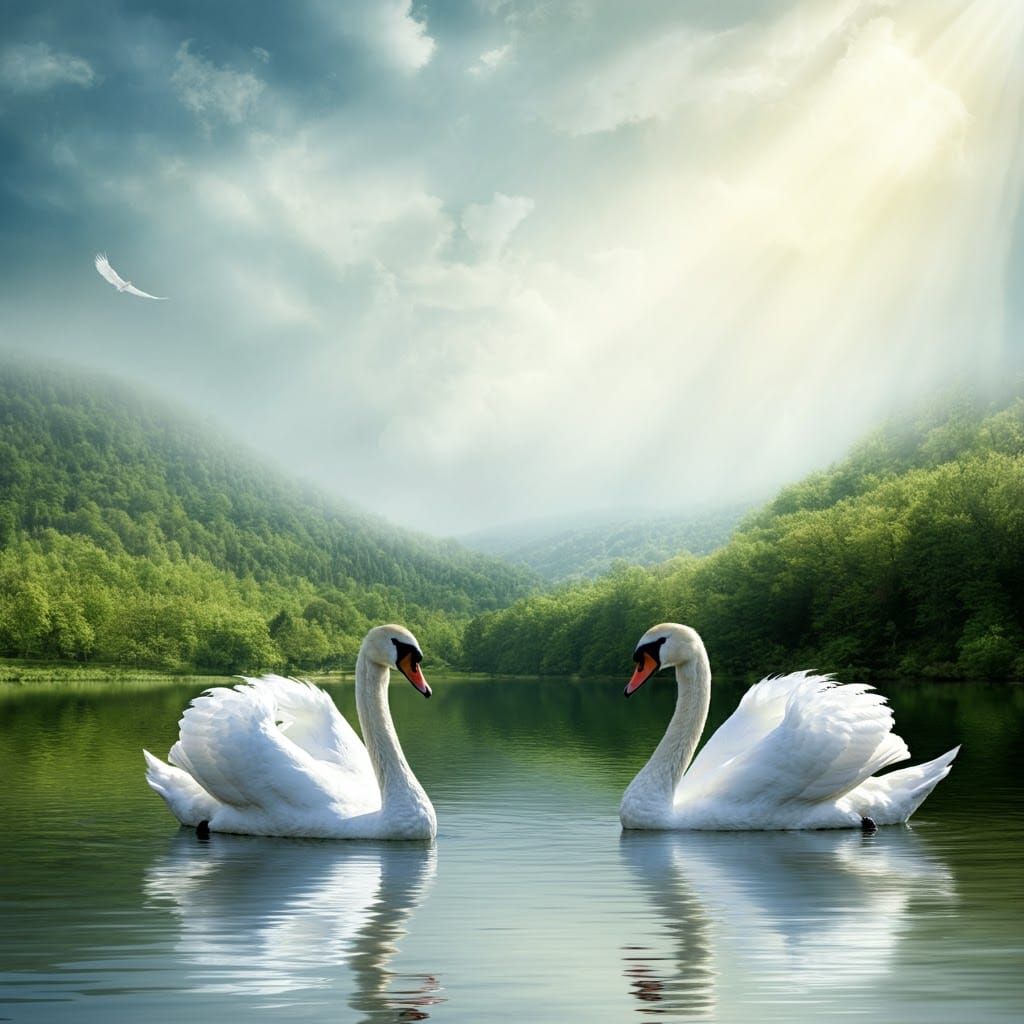 Swans on Lake in Valley as Impressionist Painting