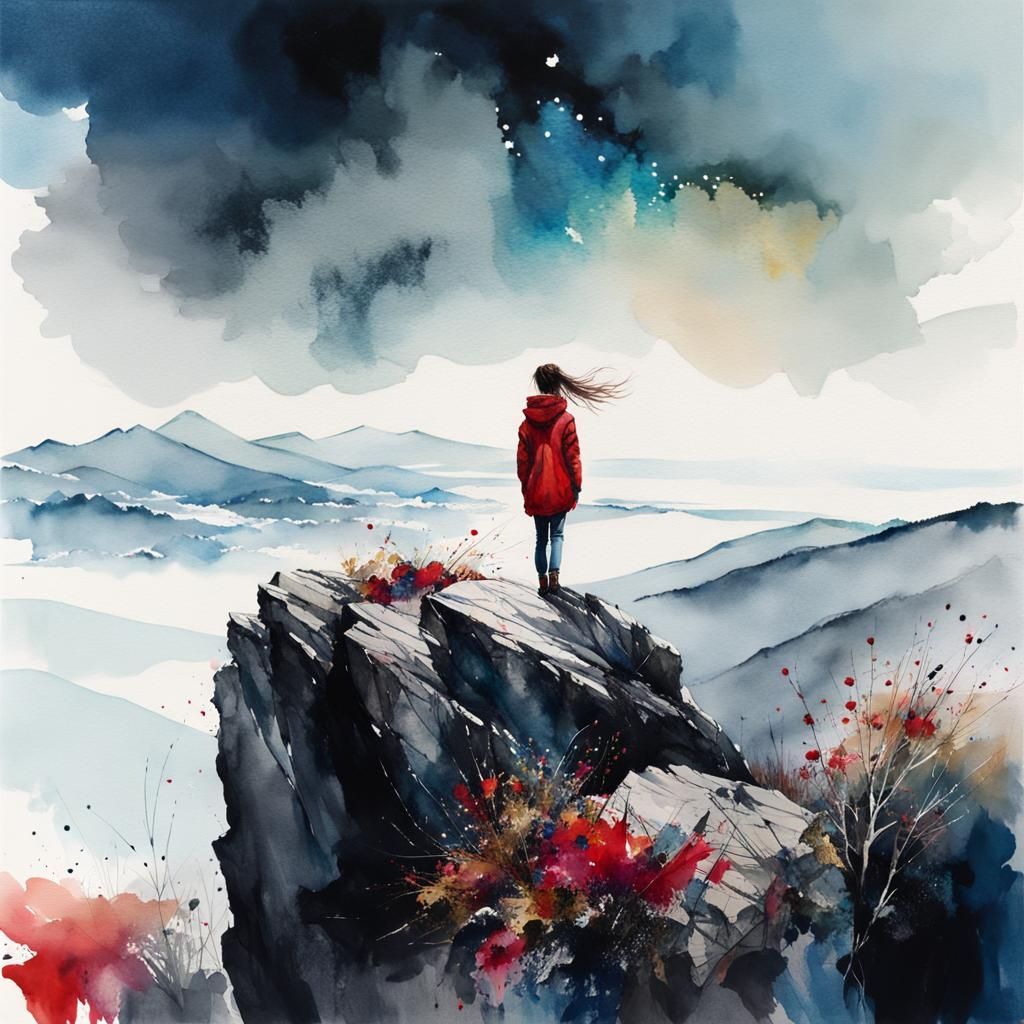 Solitary Figure on Mountain Peak in Watercolor