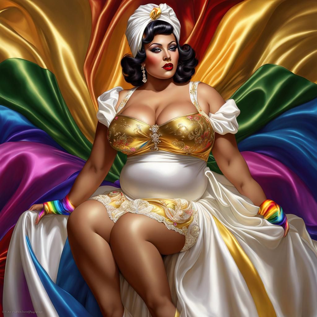 BBW Women in Rainbow Satin: Detailed Digital Painting