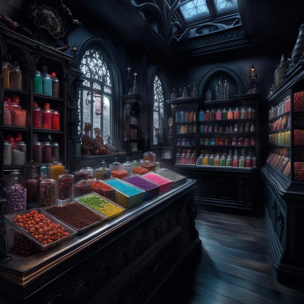 Gothic Candy Shop with Black Liquorice, Photorealistic Illus...