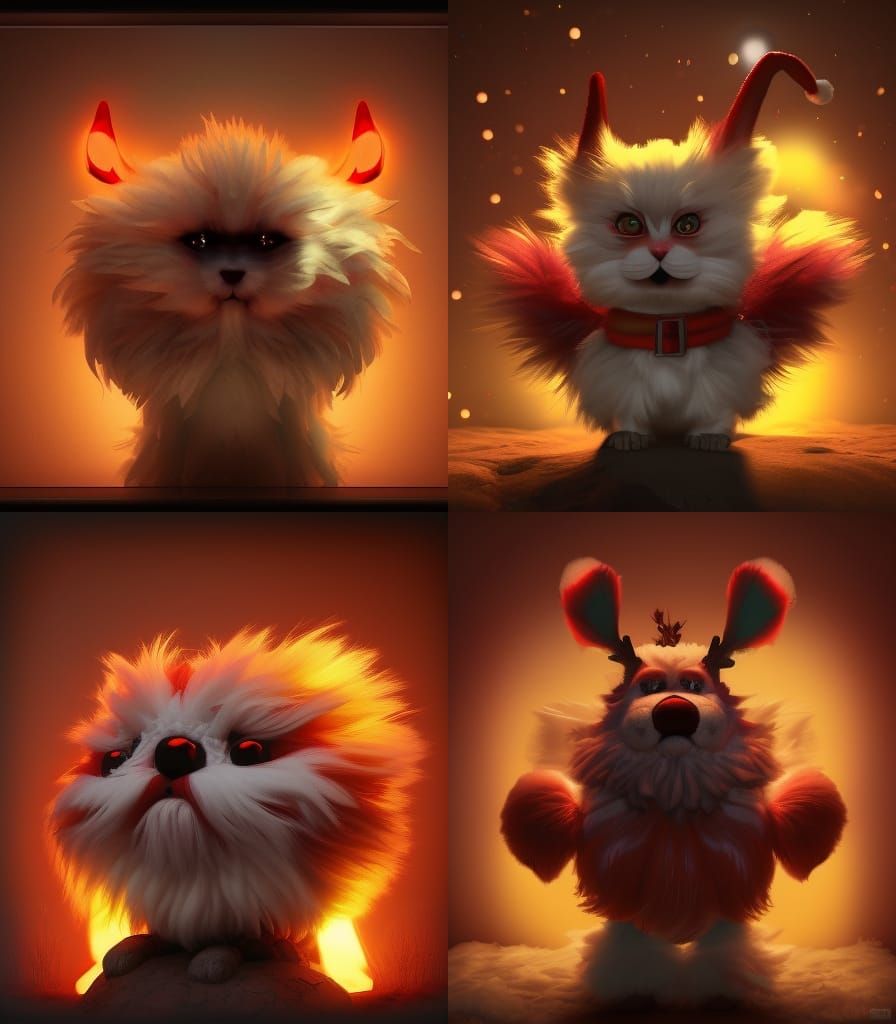 A red and white fluffy Christmas creature clearly visible digital illustration HDR realistic gothic style expressionism ...