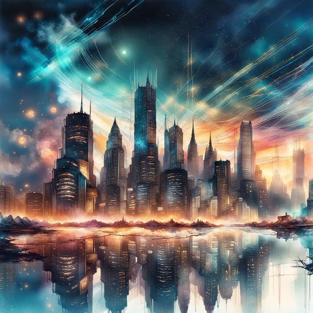 Magnificent Cityscape at Night Reflected in Water