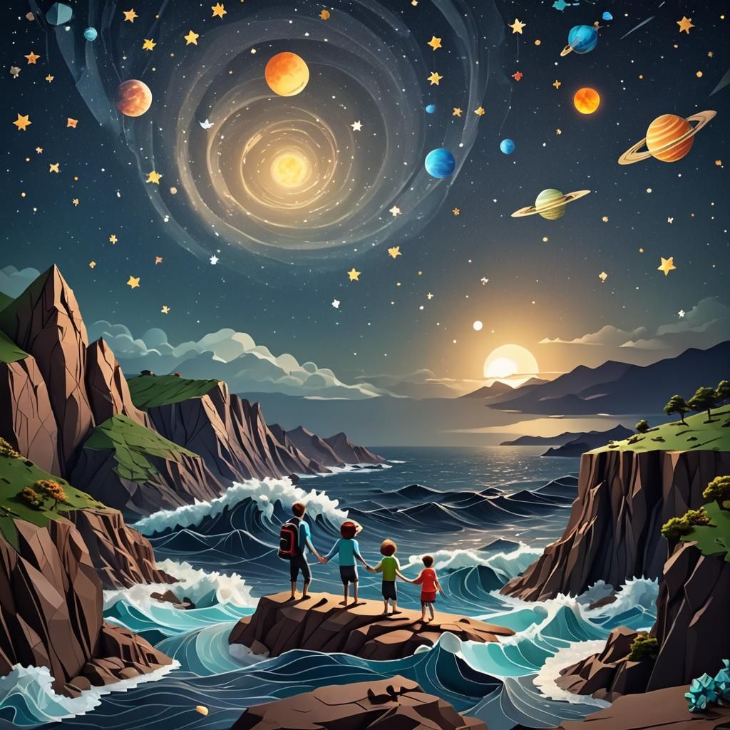 Origami Family Gaze at Starry Sky