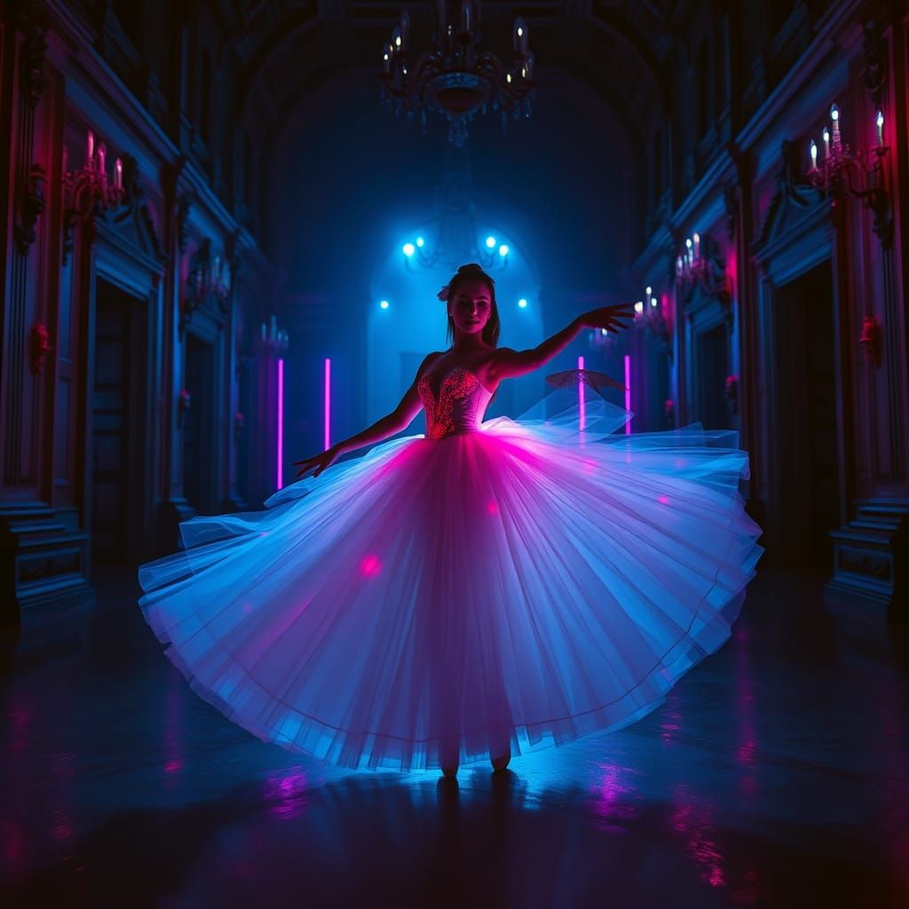 Ballerina Dancing in Fluorescent Dress, Neon Castle