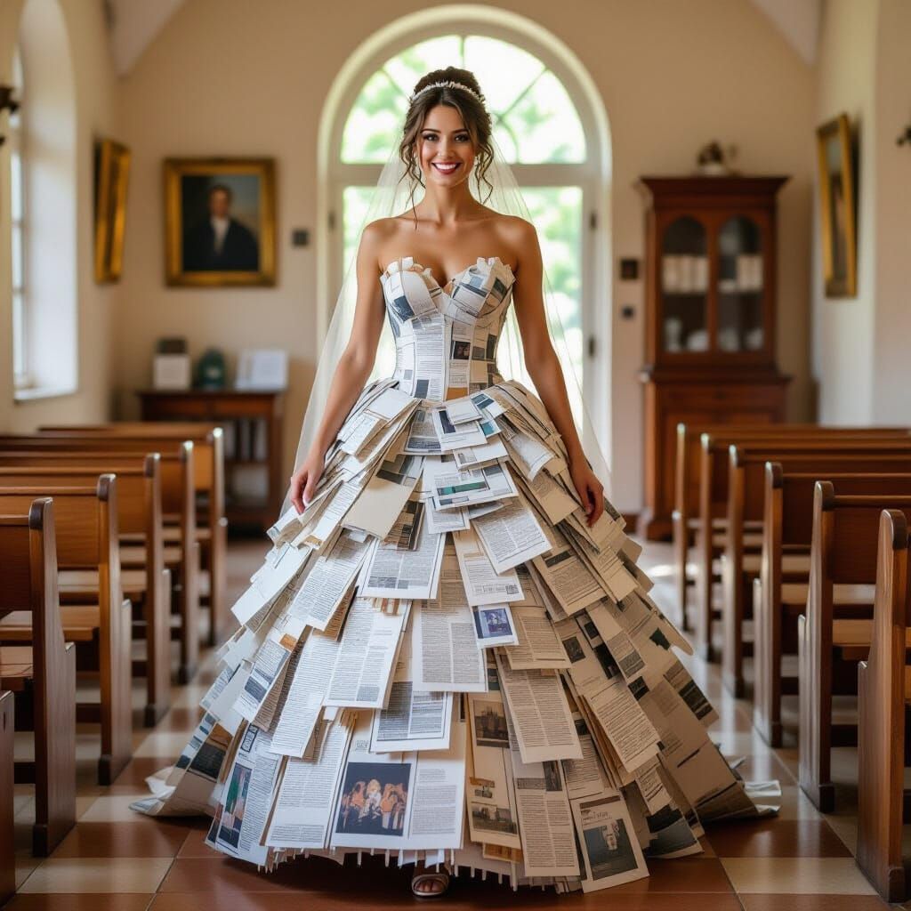 Bride in Newspaper Dress: Impressionistic Papercraft
