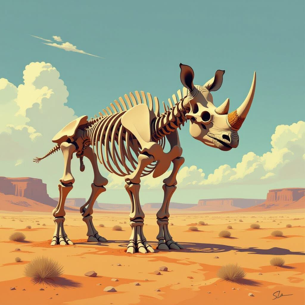 Outline rhino skeleton in desert