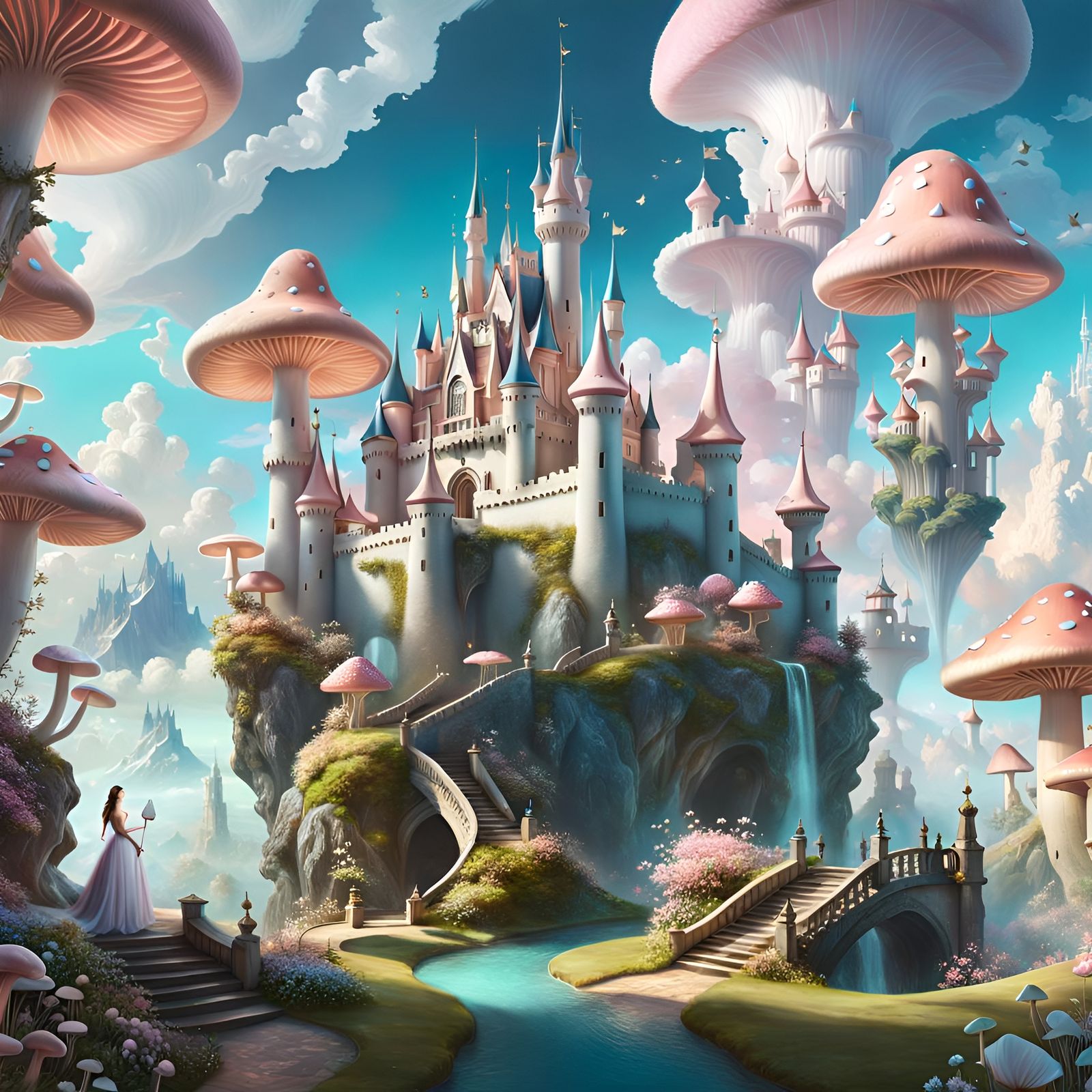 Fantasy Landscape with Fairy Mushrooms in Pastel Colors