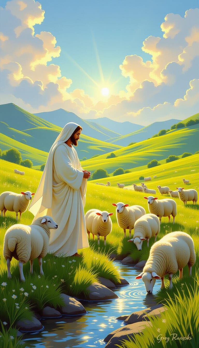 Jesus the Shepherd in a Sunlit Pasture