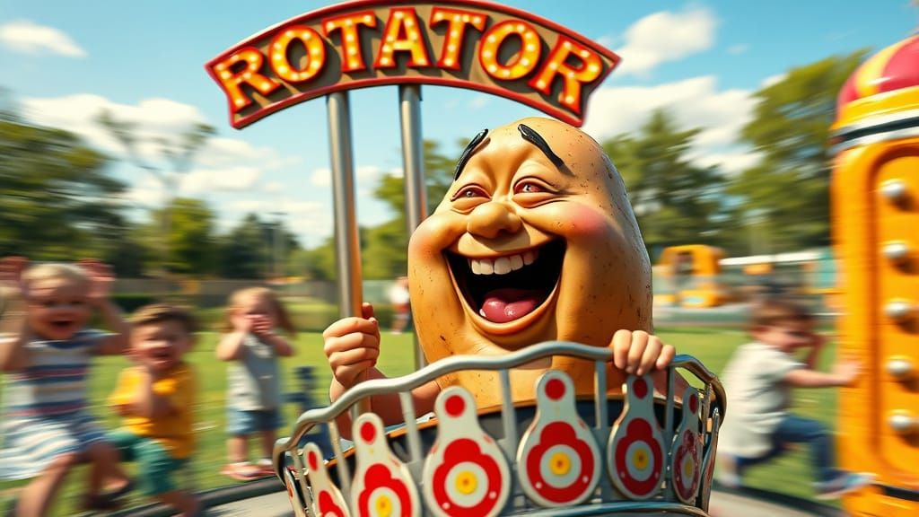 Hyperrealistic Potato Head on Spinning Merry-Go-Round