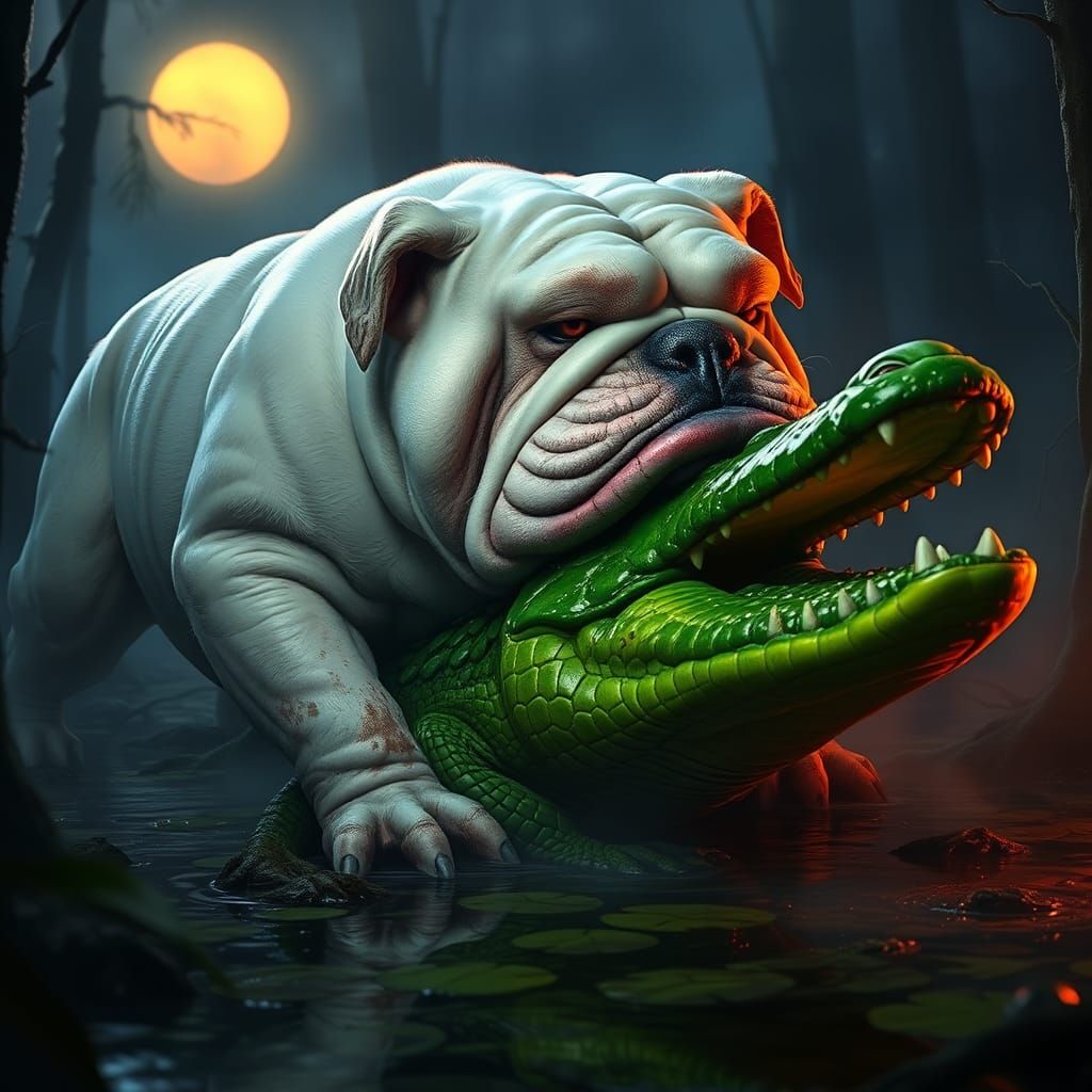 Georgia Bulldog Devouring Gator in Eerie Swamp