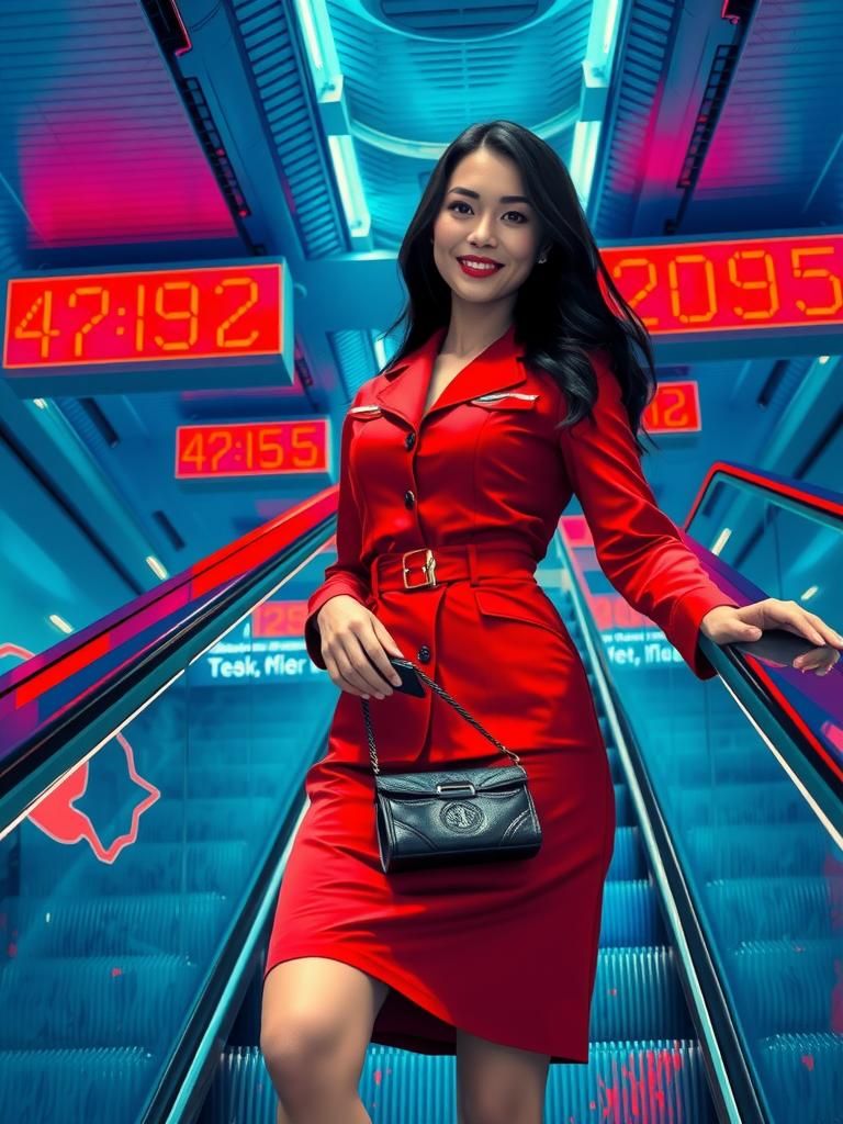 Stewardess Descends Escalator in Cyberpunk Airport