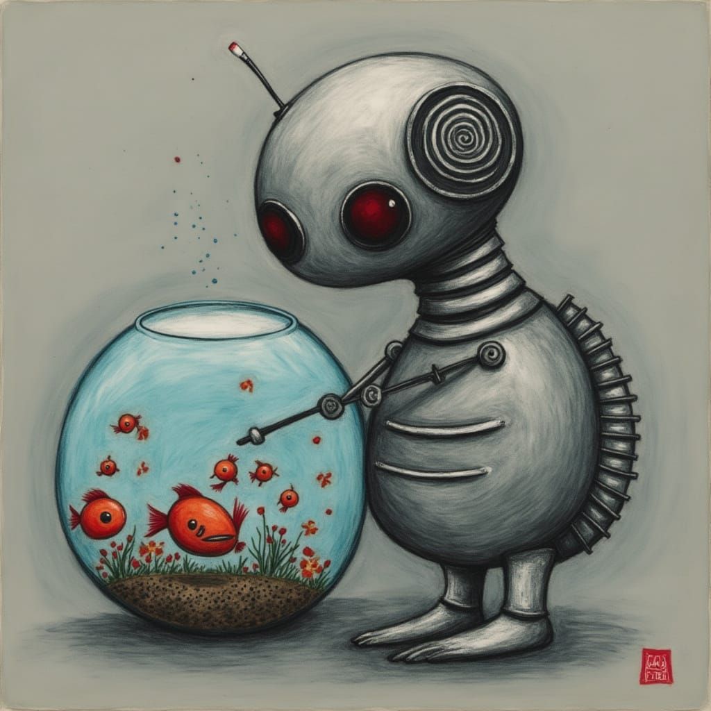 Cute Robot Holding Fishbowl in Charcoal Style