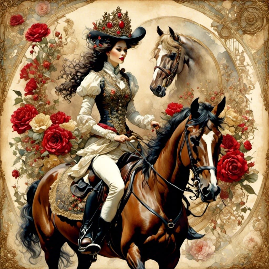 Whimsical Collage: Woman on Horse with Digital Tattoos