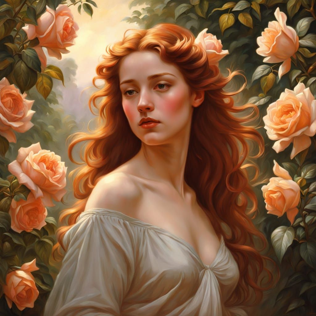 Serene Woman Amidst Blooming Honeysuckle and Roses in Romant...