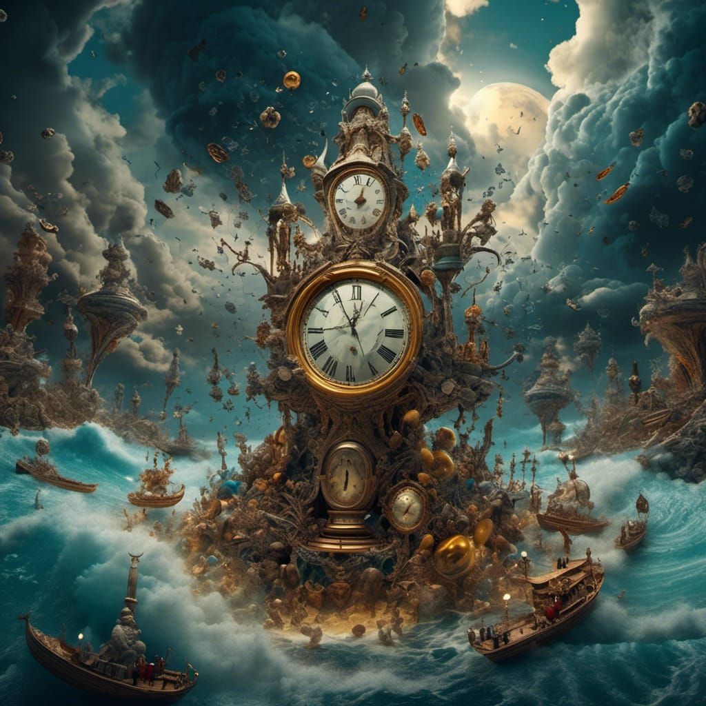 Surreal Melting Clock in Stormy Night: Fantasy Art