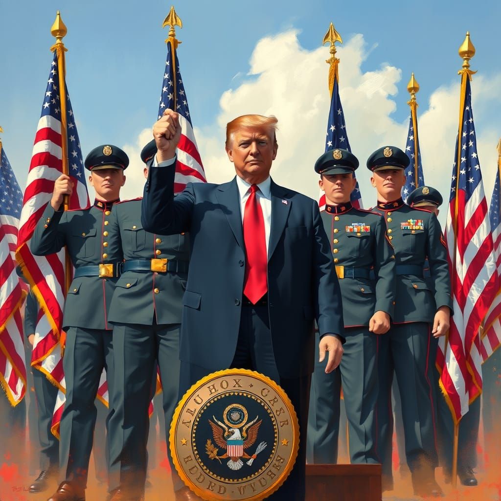 President Trump with US Marines in Patriotic Art Style