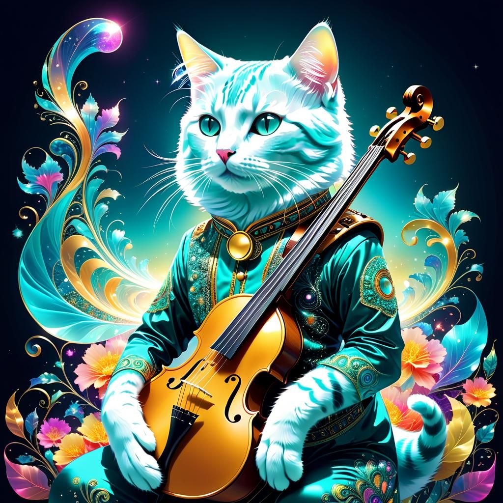 Double Exposure Cat Musician in Dreamlike Style