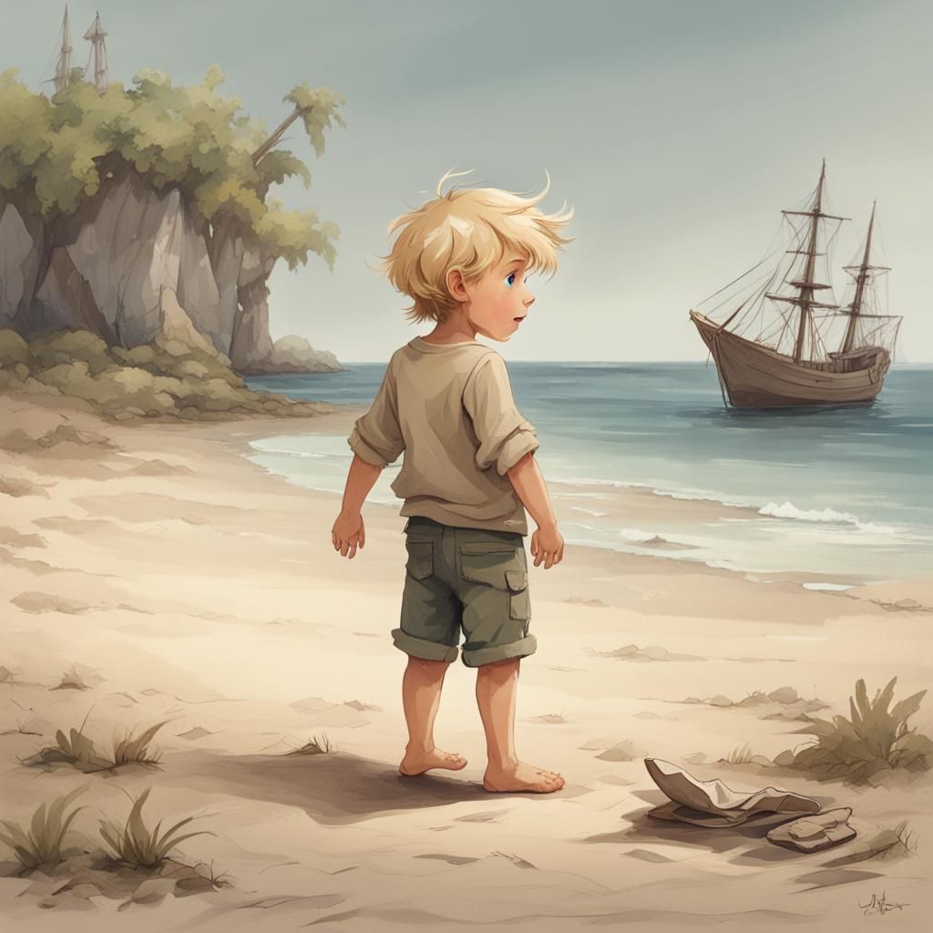 Lonely Boy on Desert Island Watches Ships Pass